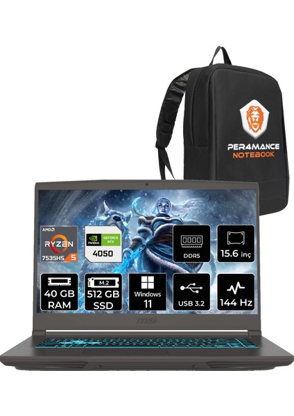 Msı Thin A15 Amd Ryzen 5 7535HS 40GB 512GB SSD RTX4050/6GB 15.6" Fhd 144Hz W11P Taşınabilir Bilgisayar B7VE-076XTR & Per4 Çanta B7VE076XTRP402