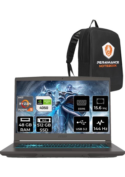 Msı Thin A15 Amd Ryzen 5 7535HS 48GB 512GB SSD RTX4050/6GB 15.6" Fhd 144Hz Fdos Taşınabilir Bilgisayar B7VE-076XTR & Per4 Çanta B7VE076XTRP327