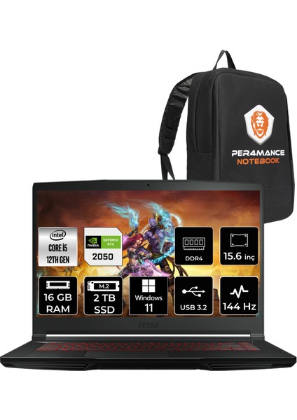 Msı Thin GF63 Intel Core I5 12450H 16GB 2tb SSD RTX2050/4GB 15.6" Fhd 144Hz W11H Taşınabilir Bilgisayar 12UCX-427XTR & Per4 Çanta 12UCX427XTRP364