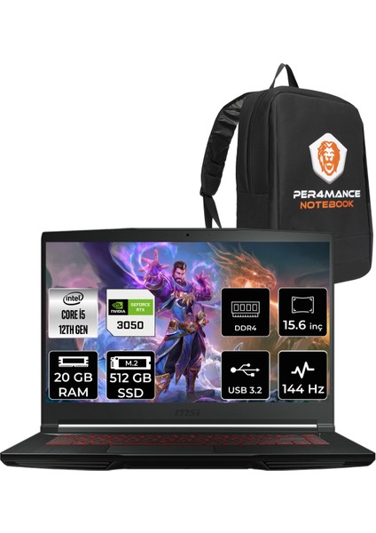 Msı Thin GF63 Intel Core I5 12450H 20GB 512GB SSD RTX3050/4GB 15.6" Fhd 144Hz Fdos Taşınabilir Bilgisayar 12UC-877XTR & Per4 Çanta 12UC877XTRP317