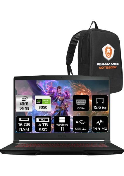 Msı Thin GF63 Intel Core I5 12450H 16GB 4tb SSD RTX3050/4GB 15.6" Fhd 144Hz W11P Taşınabilir Bilgisayar 12UC-877XTR & Per4 Çanta 12UC877XTRP415