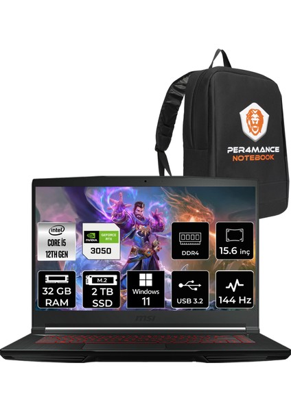 Msı Thin GF63 Intel Core I5 12450H 32GB 2tb SSD RTX3050/4GB 15.6" Fhd 144Hz W11P Taşınabilir Bilgisayar 12UC-877XTR & Per4 Çanta 12UC877XTRP429