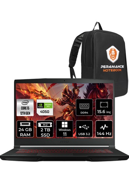 Msı Thin GF63 Intel Core I5 12450H 24GB 2tb SSD RTX4050/6GB 15.6" Fhd 144Hz W11P Taşınabilir Bilgisayar 12VE-082XTR & Per4 Çanta 12VE082XTRP424