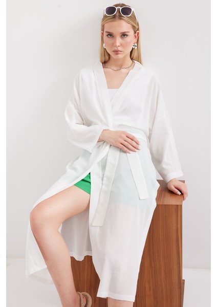 5835 Yırtmaçlı Yazlık Kimono - Beyaz