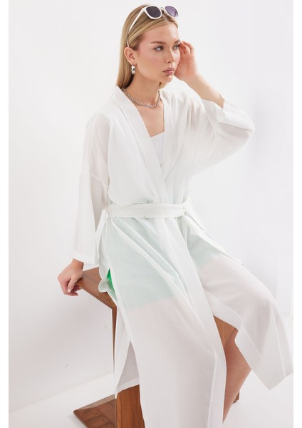 5835 Yırtmaçlı Yazlık Kimono - Beyaz fırsatları