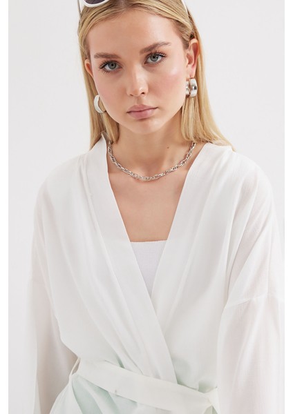 5835 Yırtmaçlı Yazlık Kimono - Beyaz indirimleri