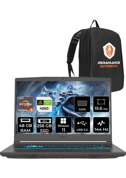 Msı Thin A15 Amd Ryzen 5 7535HS 48GB 256GB SSD RTX4050/6GB 15.6" Fhd 144Hz W11P Taşınabilir Bilgisayar B7VE-076XTR & Per4 Çanta B7VE076XTRP406