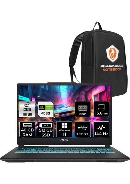 Msı Cyborg 15 Intel Core I5-13420H 40GB 512GB SSD RTX4060/8GB 15.6" Fhd 144Hz W11H Taşınabilir Bilgisayar A13VF-895XTR & Per4 Çanta A13VF895XTRP362