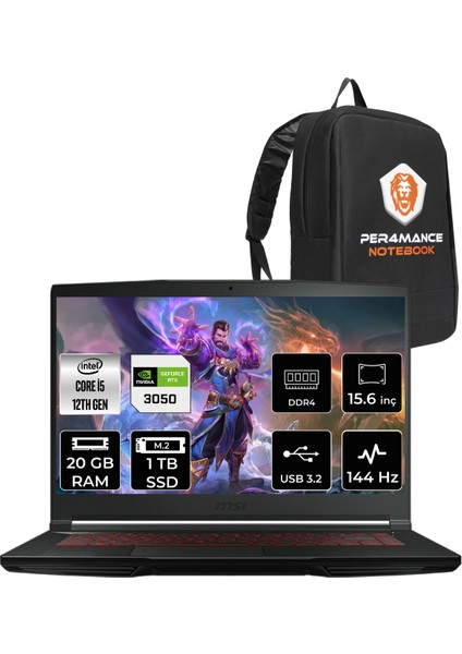 Msı Thin GF63 Intel Core I5 12450H 20GB 1tb SSD RTX3050/4GB 15.6" Fhd 144Hz Fdos Taşınabilir Bilgisayar 12UC-877XTR & Per4 Çanta 12UC877XTRP318