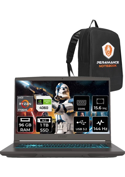 Msı Thin A15 Amd Ryzen 7 7735HS 96GB 1tb SSD RTX4060/8GB 15.6" Fhd 144Hz Fdos Taşınabilir Bilgisayar B7VF-075XTR & Per4 Çanta B7VF075XTRP338