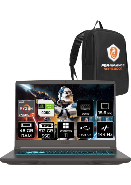 Msı Thin A15 Amd Ryzen 7 7735HS 48GB 512GB SSD RTX4060/8GB 15.6" Fhd 144Hz W11H Taşınabilir Bilgisayar B7VF-075XTR & Per4 Çanta B7VF075XTRP367