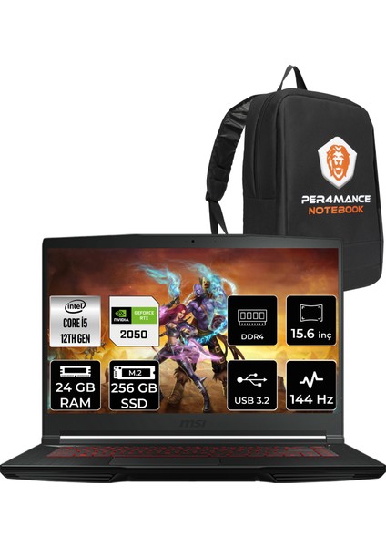 Msı Thin GF63 Intel Core I5 12450H 24GB 256GB SSD RTX2050/4GB 15.6" Fhd 144Hz Fdos Taşınabilir Bilgisayar 12UCX-427XTR & Per4 Çanta 12UCX427XTRP321