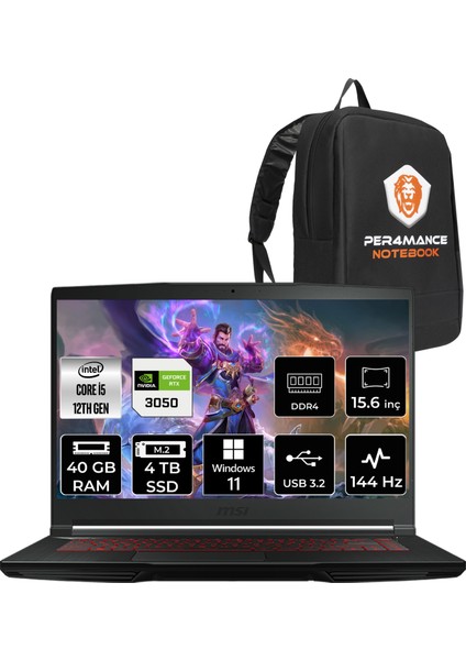 Msı Thin GF63 Intel Core I5 12450H 40GB 4tb SSD RTX3050/4GB 15.6" Fhd 144Hz W11H Taşınabilir Bilgisayar 12UC-877XTR & Per4 Çanta 12UC877XTRP390