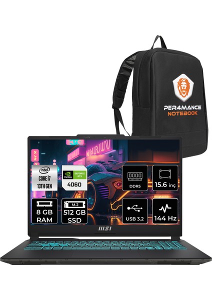 Msı Cyborg 15 Intel Core I7-13620H 8gb 512GB SSD RTX4060/8GB 15.6" Fhd 144Hz Fdos Taşınabilir Bilgisayar A13VF-893XTR & Per4 Çanta A13VF893XTRP302