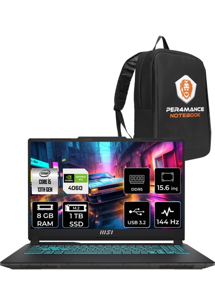 Msı Cyborg 15 Intel Core I5-13420H 8gb 1tb SSD RTX4060/8GB 15.6" Fhd 144Hz Fdos Taşınabilir Bilgisayar A13VF-895XTR & Per4 Çanta A13VF895XTRP303