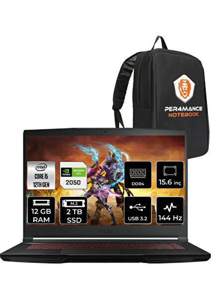 Msı Thin GF63 Intel Core I5 12450H 12GB 2tb SSD RTX2050/4GB 15.6" Fhd 144Hz Fdos Taşınabilir Bilgisayar 12UCX-427XTR & Per4 Çanta 12UCX427XTRP309