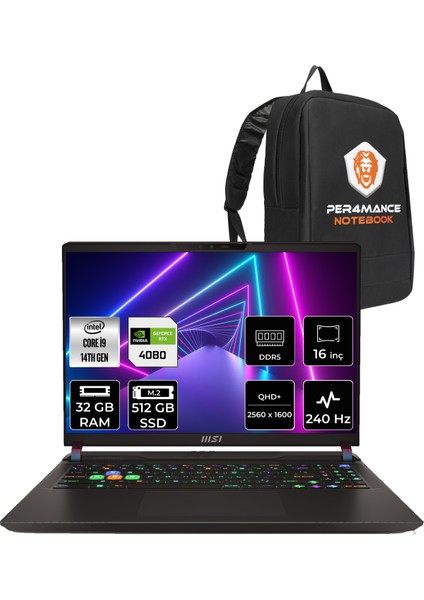 Msı Vector 16 Intel Core I9-14900HX 32GB 512GB SSD RTX4080/12GB 16" Qhd+ 240Hz Fdos Taşınabilir Bilgisayar A14VHG-497XTR & Per4 Çanta A14VHG497XTRP317