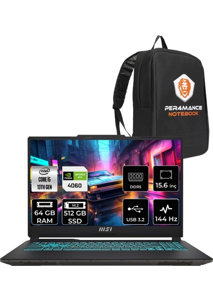 Msı Cyborg 15 Intel Core I5-13420H 64GB 512GB SSD RTX4060/8GB 15.6" Fhd 144Hz Fdos Taşınabilir Bilgisayar A13VF-895XTR & Per4 Çanta A13VF895XTRP332