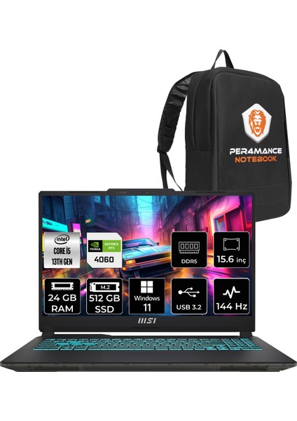 Msı Cyborg 15 Intel Core I5-13420H 24GB 512GB SSD RTX4060/8GB 15.6" Fhd 144Hz W11P Taşınabilir Bilgisayar A13VF-895XTR & Per4 Çanta A13VF895XTRP392