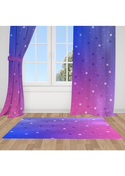 Mor Pembe Geçişli, Yıldızlı, Mavi, Ithal Kumaş, Çocuk Odası, Genç Odası Fon Perde - 1 Kanat