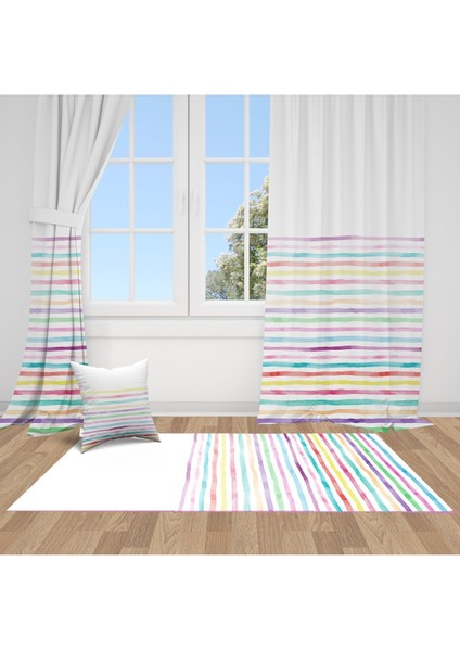 Rengarenk Stilli Yan Çizgiler, Ithal Kumaş, Çocuk ve Bebek Odası Fon Perde - 1 Kanat
