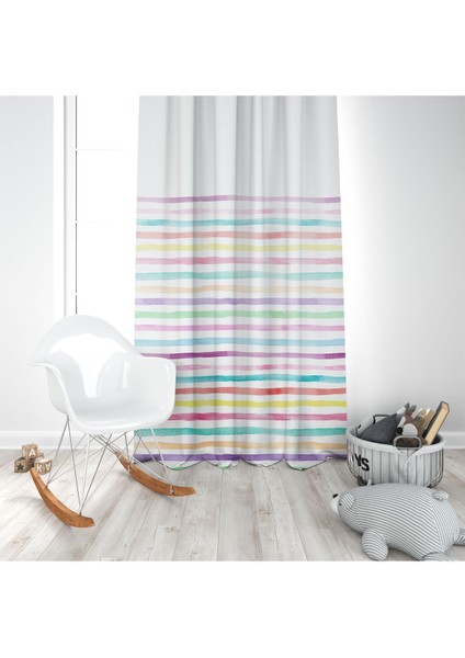 Rengarenk Stilli Yan Çizgiler, Ithal Kumaş, Çocuk ve Bebek Odası Fon Perde - 1 Kanat modelleri