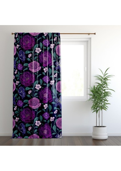 Mor Çiçekler, Siyah, Lila, Ithal Kumaş, Oturma Odası, Salon, Fon Perde - 1 Kanat