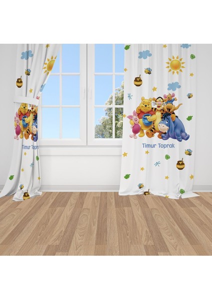 Winnie The Pooh 3, Beyaz, Sarı, Mavi Ithal Kumaş, Çocuk Odası, Bebek Odası Fon Perde - 1 Kanat