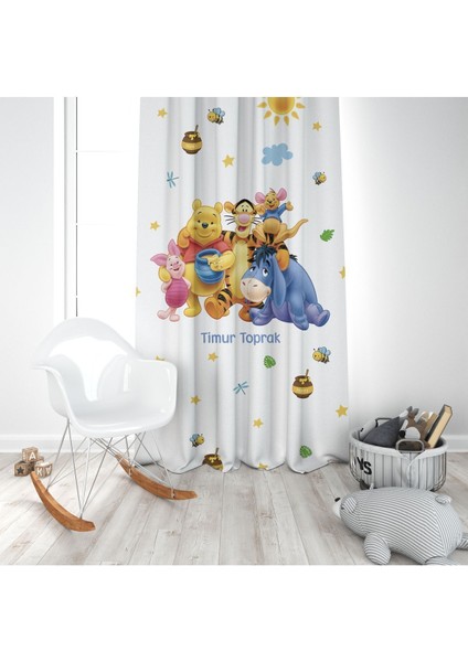 Winnie The Pooh 3, Beyaz, Sarı, Mavi Ithal Kumaş, Çocuk Odası, Bebek Odası Fon Perde - 1 Kanat modelleri