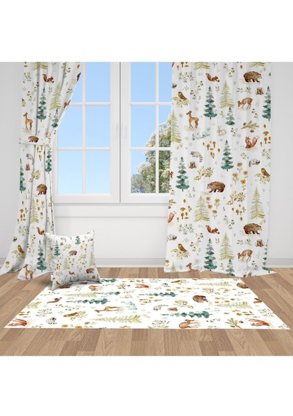 Orman Hayvanları, Ceylan, Ayı, Beyaz, Yeşil, Ithal Kumaş, Çocuk ve Bebek Odası Fon Perde - 1 Kanat