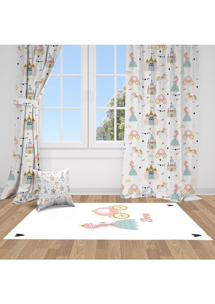 Prenses ve Arabası, Beyaz, Pembe, Mavi Ithal Kumaş, Çocuk Odası, Bebek Odası Fon Perde - 1 Kanat