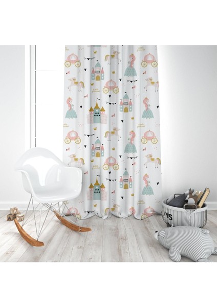 Prenses ve Arabası, Beyaz, Pembe, Mavi Ithal Kumaş, Çocuk Odası, Bebek Odası Fon Perde - 1 Kanat modelleri