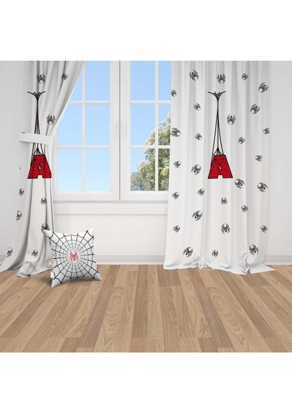 Örümcek Ağı, Ithal Kumaş, Beyaz, Kırmızı, Çocuk Odası, Bebek Odası Fon Perde - 1 Kanat