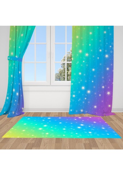 Renk Geçişli ve Yıldızlı, Mavi, Yeşil, Sarı, Ithal Kumaş, Çocuk ve Genç Odası Fon Perde - 1 Kanat