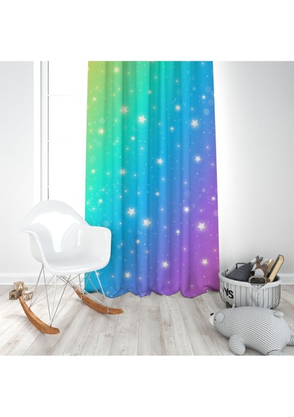 Renk Geçişli ve Yıldızlı, Mavi, Yeşil, Sarı, Ithal Kumaş, Çocuk ve Genç Odası Fon Perde - 1 Kanat modelleri