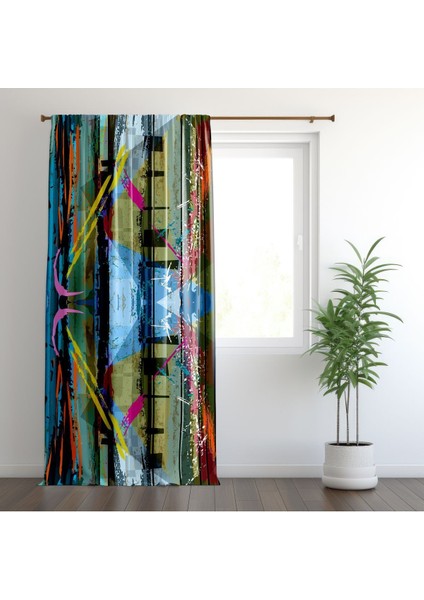 Etnik Desenli, Bohem, Yeşil, Mavi, Siyah, Oturma Odası, Genç Odası, Fon Perde - 1 Kanat