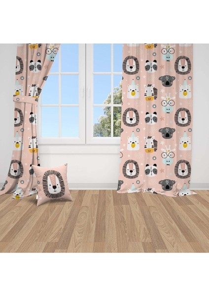 Safari Hayvanları Pembe, Siyah, Ithal Kumaş, Çocuk ve Bebek Odası Fon Perde - 1 Kanat