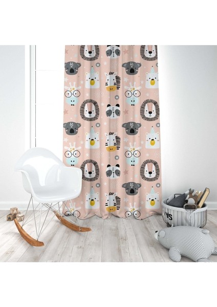 Safari Hayvanları Pembe, Siyah, Ithal Kumaş, Çocuk ve Bebek Odası Fon Perde - 1 Kanat modelleri