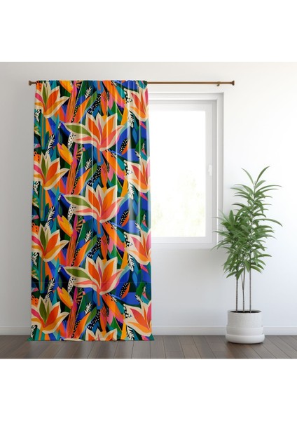 Yağlı Boya Çiçek Çizim Perde, Turuncu, Mavi, Yeşil, Oturma Odası, Salon, Fon Perde - 1 Kanat