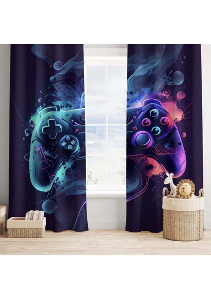Joystick, Oyun Konsolu, Siyah, Mavi, Mor, Ithal Kumaş, Çocuk Odası, Genç Odası Fon Perde - 1 Kanat