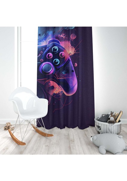 Joystick, Oyun Konsolu, Siyah, Mavi, Mor, Ithal Kumaş, Çocuk Odası, Genç Odası Fon Perde - 1 Kanat modelleri