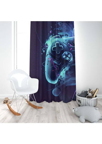 Joystick, Oyun Konsolu, Siyah, Mavi, Mor, Ithal Kumaş, Çocuk Odası, Genç Odası Fon Perde - 1 Kanat fırsatları