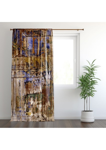 Etnik Mısır Modern, Kahverengi, Mavi, Oturma Odası, Salon, Fon Perde - 1 Kanat