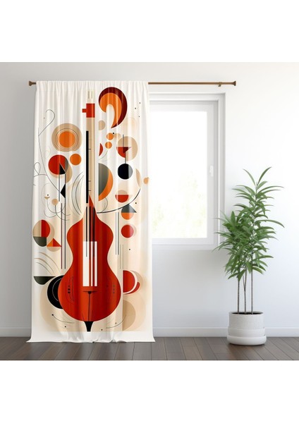 Sulu Boya Efektli Gitar, Beyaz, Kırmızı, Oturma Odası, Salon, Fon Perde - 1 Kanat