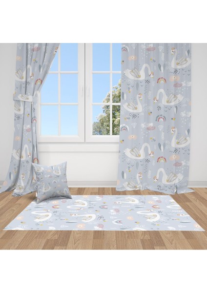 Kuğu Desenli, Gri, Beyaz, Çocuk Odası Perde, Oturma Odası, Salon, Fon Perde - 1 Kanat