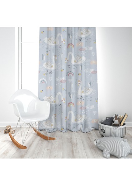 Kuğu Desenli, Gri, Beyaz, Çocuk Odası Perde, Oturma Odası, Salon, Fon Perde - 1 Kanat modelleri