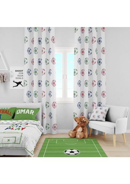 Futbol Topu, Beyaz, Mavi, Yeşil, Ithal Kumaş, Çocuk Odası, Bebek Odası Fon Perde - 1 Kanat