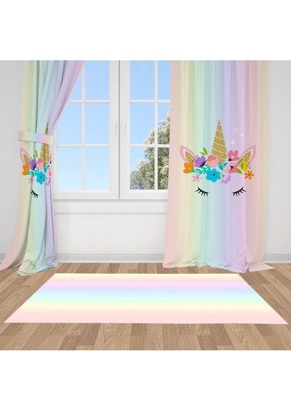 Neon Unicorn, Pembe, Sarı, Yeşil, Ithal Kumaş, Çocuk Odası, Genç Odası Fon Perde - 1 Kanat