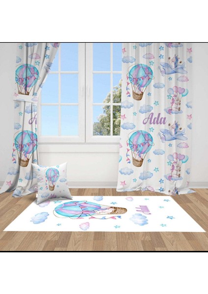 Mavi Hava Balonu ve Hayvanlar, Beyaz, Mavi, Ithal Kumaş, Çocuk ve Bebek Odası Fon Perde - 1 Kanat
