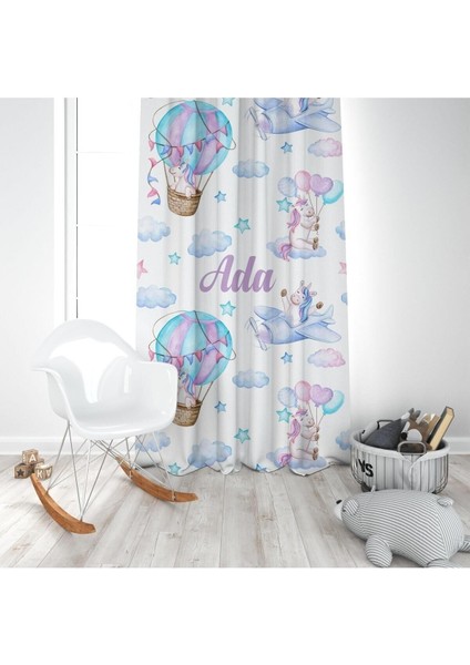 Mavi Hava Balonu ve Hayvanlar, Beyaz, Mavi, Ithal Kumaş, Çocuk ve Bebek Odası Fon Perde - 1 Kanat modelleri